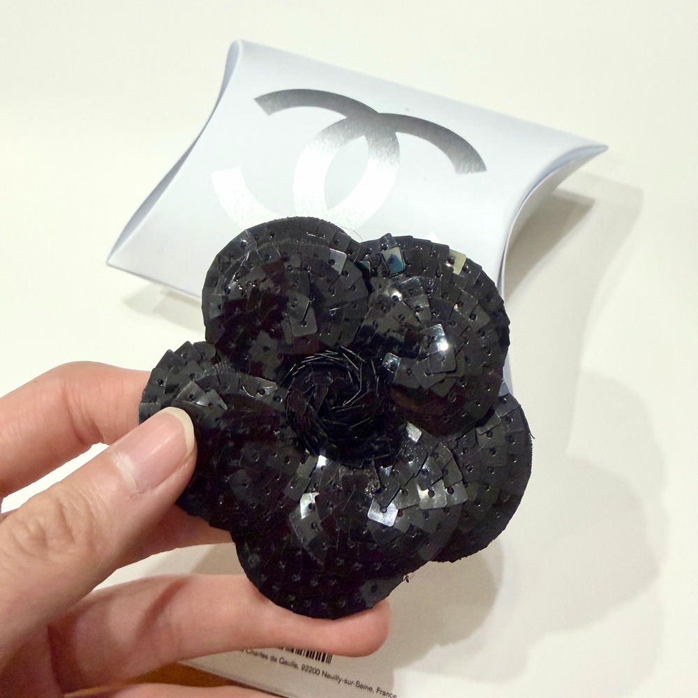 SOLD! Chanel Black Sequin Cloth Camellia Flower Brooch Pendant Decor